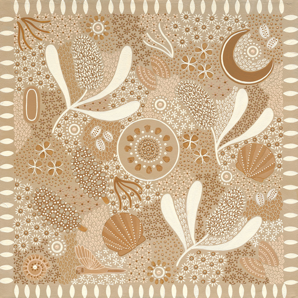 Aboriginal artwork by Wiradjuri artist Lauren Freestone, inspired by childhood memories along the coast — gathering banksia cones, shells, and treasures in gratitude to Mother Nature