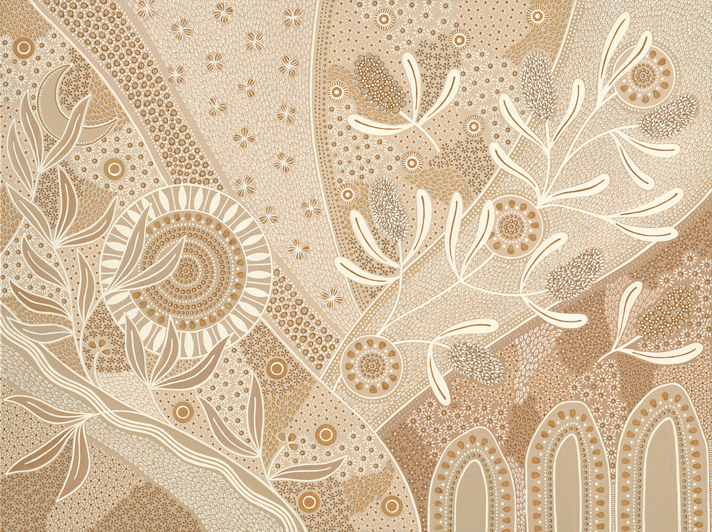 Eternal’ Aboriginal artwork by Wiradjuri artist Lauren Freestone, inspired by nature’s cycles — sun, moon, tides, rivers, and fire symbolising growth and renewal