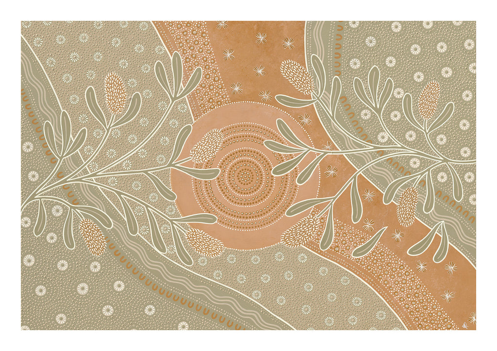 Contemporary Aboriginal Artwork of banksia flowers in front of the sun, symbols of people sitting alongside the rivers edge, earthy pinks and sage green with pops of white paint.