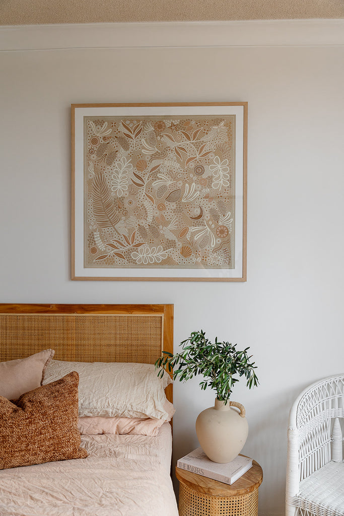 Aboriginal artwork by Wiradjuri artist Lauren Freestone, inspired by childhood memories along the coast — gathering banksia cones, shells, and treasures in gratitude to Mother Nature