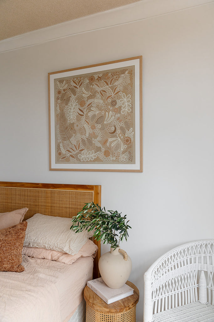 Aboriginal artwork by Wiradjuri artist Lauren Freestone, inspired by childhood memories along the coast — gathering banksia cones, shells, and treasures in gratitude to Mother Nature