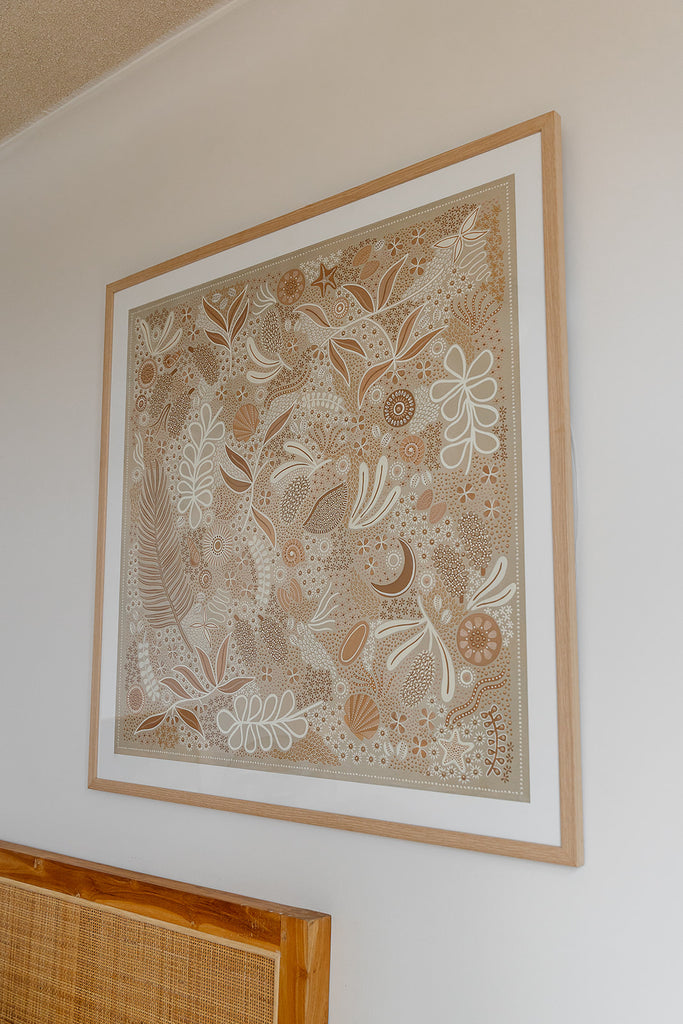 Aboriginal artwork by Wiradjuri artist Lauren Freestone, inspired by childhood memories along the coast — gathering banksia cones, shells, and treasures in gratitude to Mother Nature