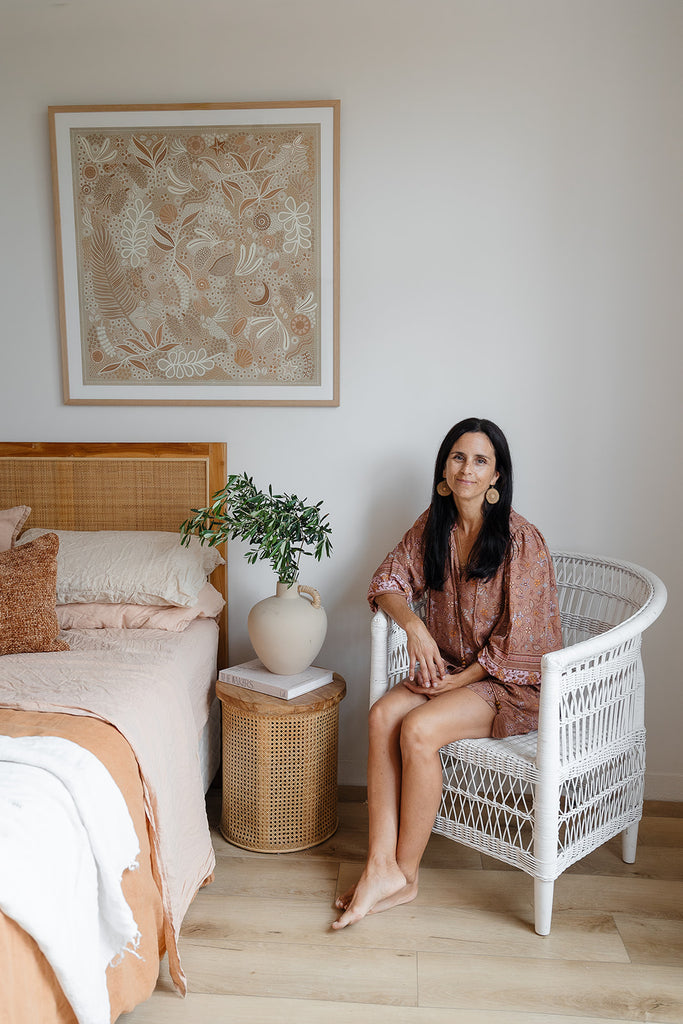 Aboriginal artwork by Wiradjuri artist Lauren Freestone, inspired by childhood memories along the coast — gathering banksia cones, shells, and treasures in gratitude to Mother Nature