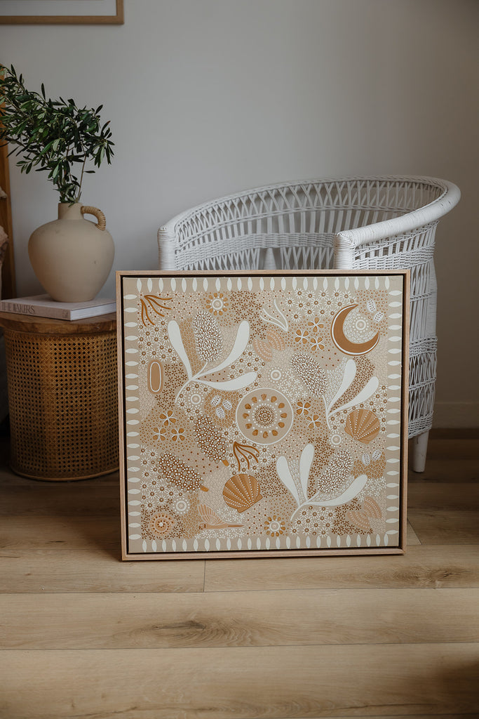 Aboriginal artwork by Wiradjuri artist Lauren Freestone, inspired by childhood memories along the coast — gathering banksia cones, shells, and treasures in gratitude to Mother Nature