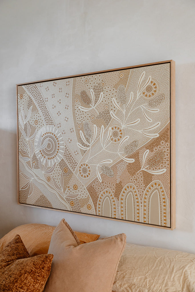 Eternal’ Aboriginal artwork by Wiradjuri artist Lauren Freestone, inspired by nature’s cycles — sun, moon, tides, rivers, and fire symbolising growth and renewal