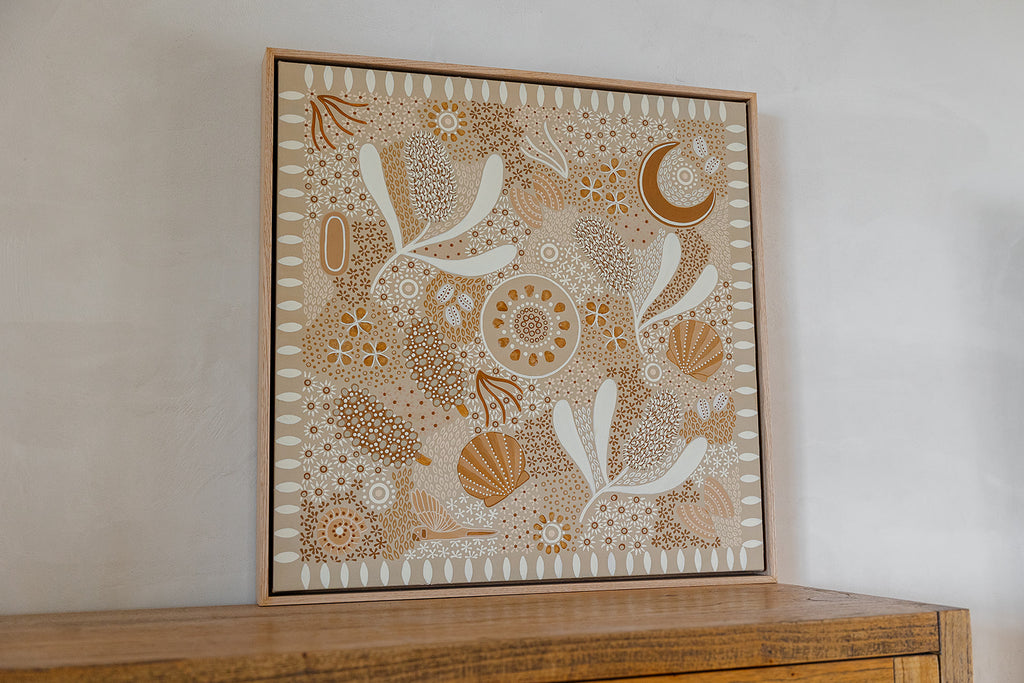 Aboriginal artwork by Wiradjuri artist Lauren Freestone, inspired by childhood memories along the coast — gathering banksia cones, shells, and treasures in gratitude to Mother Nature