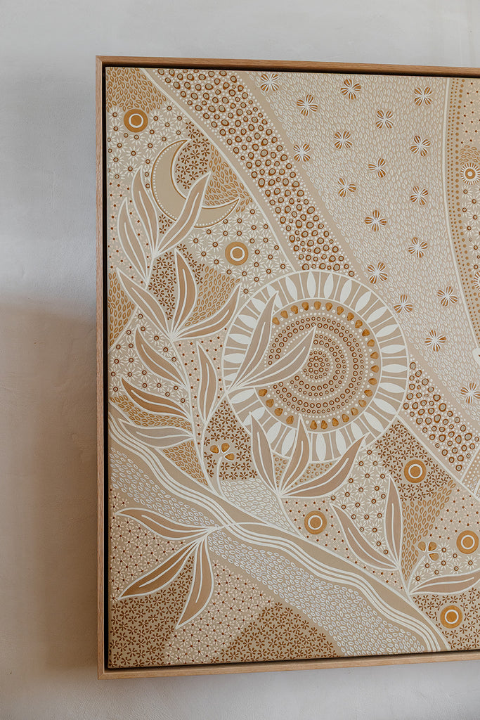 Eternal’ Aboriginal artwork by Wiradjuri artist Lauren Freestone, inspired by nature’s cycles — sun, moon, tides, rivers, and fire symbolising growth and renewal