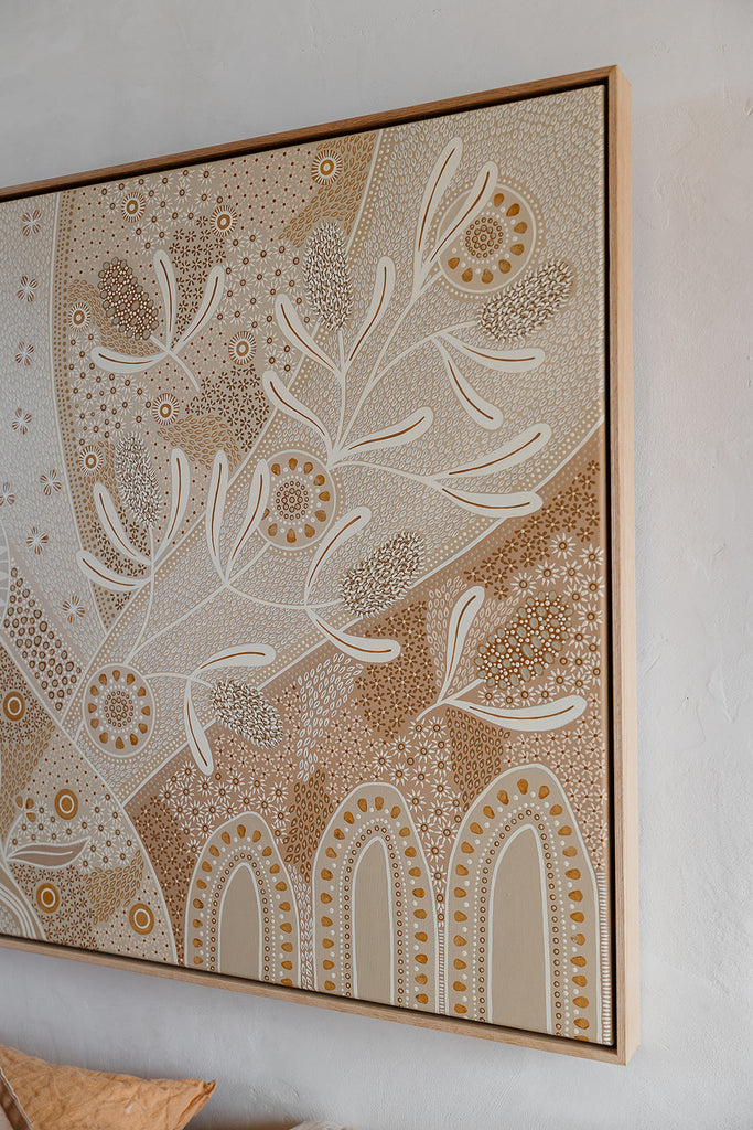 Eternal’ Aboriginal artwork by Wiradjuri artist Lauren Freestone, inspired by nature’s cycles — sun, moon, tides, rivers, and fire symbolising growth and renewal
