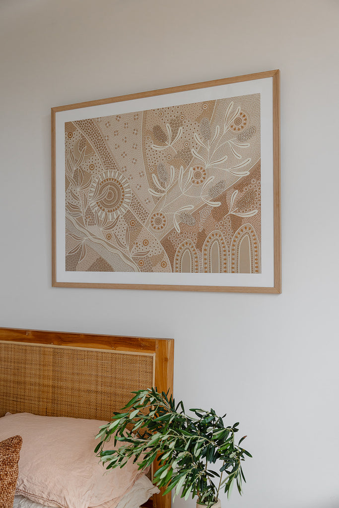 Eternal’ Aboriginal artwork by Wiradjuri artist Lauren Freestone, inspired by nature’s cycles — sun, moon, tides, rivers, and fire symbolising growth and renewal