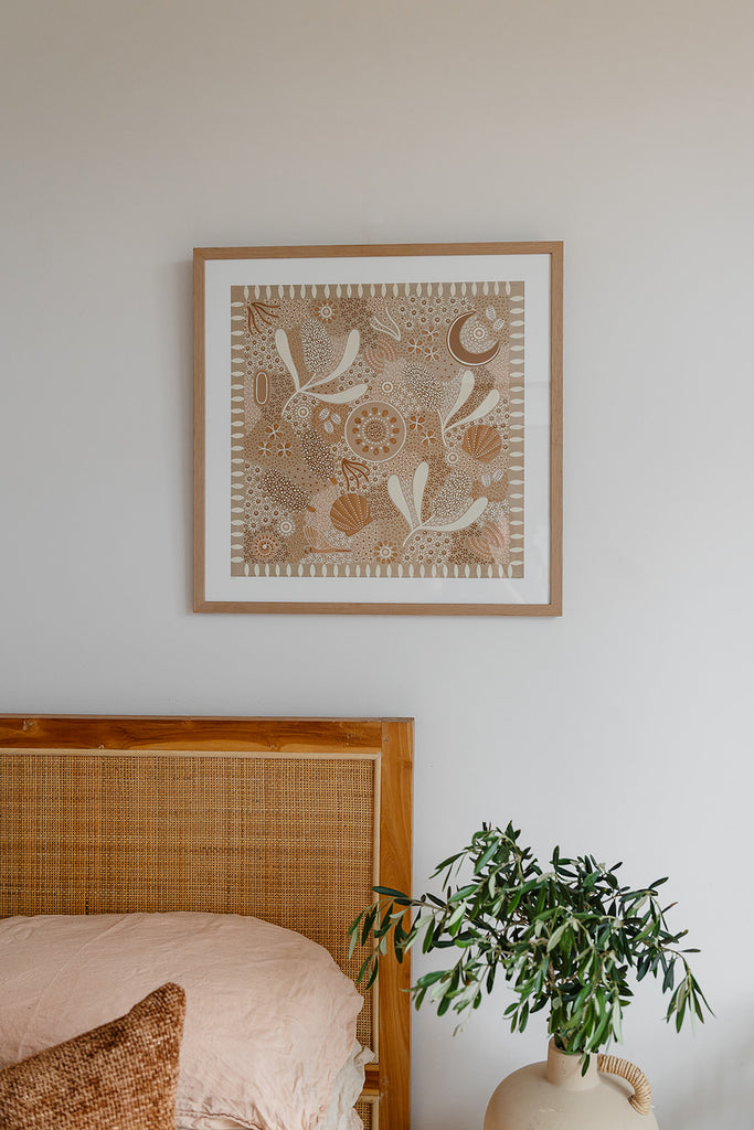 Aboriginal artwork by Wiradjuri artist Lauren Freestone, inspired by childhood memories along the coast — gathering banksia cones, shells, and treasures in gratitude to Mother Nature