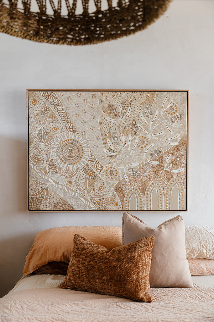 Eternal’ Aboriginal artwork by Wiradjuri artist Lauren Freestone, inspired by nature’s cycles — sun, moon, tides, rivers, and fire symbolising growth and renewal