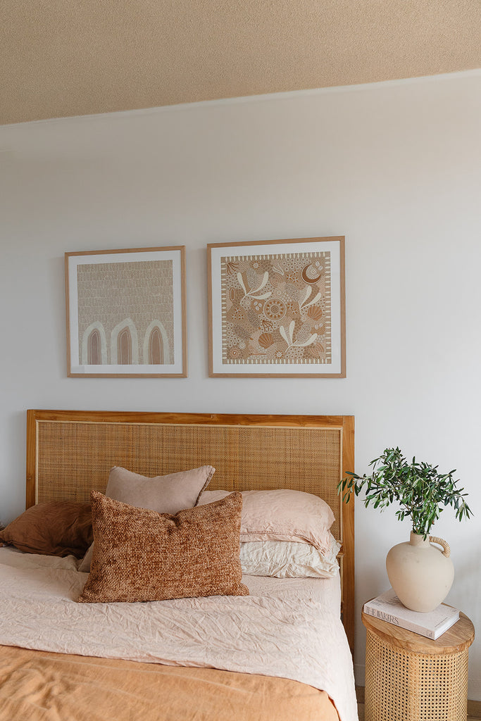 Aboriginal artwork by Wiradjuri artist Lauren Freestone, inspired by childhood memories along the coast — gathering banksia cones, shells, and treasures in gratitude to Mother Nature