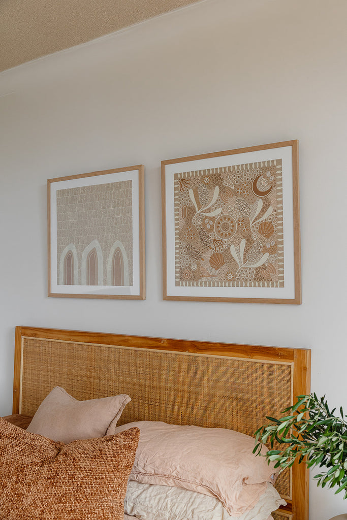 Aboriginal artwork by Wiradjuri artist Lauren Freestone, featuring mustard flame-like shapes symbolising generations, family, and ancestral spirit