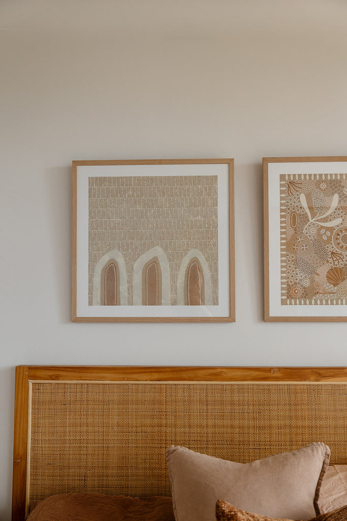 Aboriginal artwork by Wiradjuri artist Lauren Freestone, featuring mustard flame-like shapes symbolising generations, family, and ancestral spirit