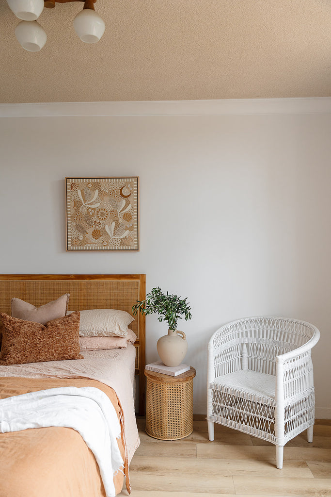 Aboriginal artwork by Wiradjuri artist Lauren Freestone, inspired by childhood memories along the coast — gathering banksia cones, shells, and treasures in gratitude to Mother Nature