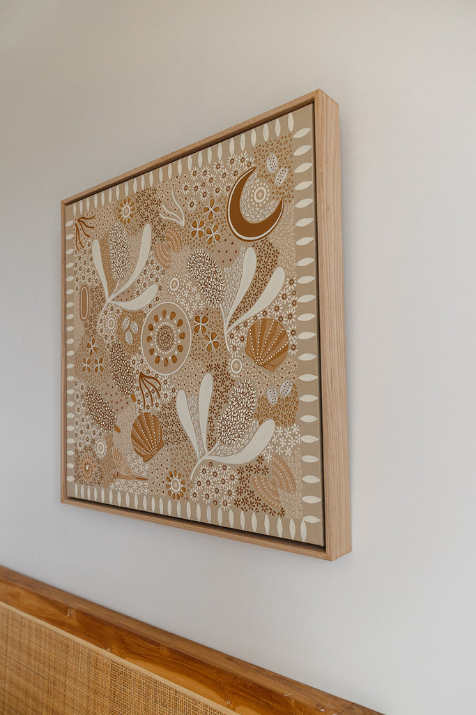 Aboriginal artwork by Wiradjuri artist Lauren Freestone, inspired by childhood memories along the coast — gathering banksia cones, shells, and treasures in gratitude to Mother Nature