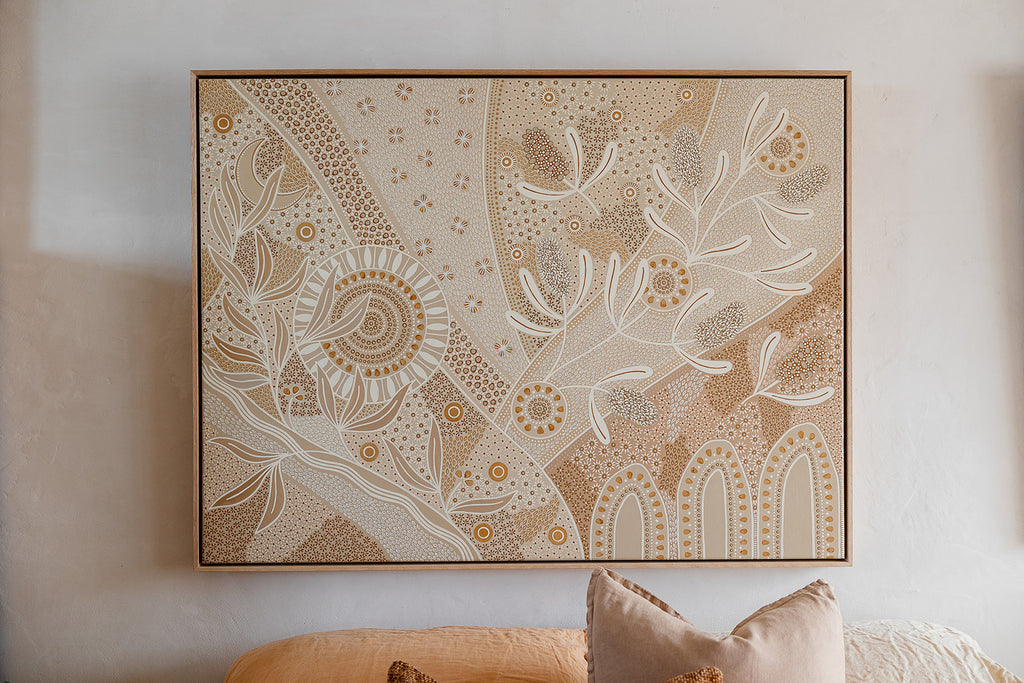 Eternal’ Aboriginal artwork by Wiradjuri artist Lauren Freestone, inspired by nature’s cycles — sun, moon, tides, rivers, and fire symbolising growth and renewal