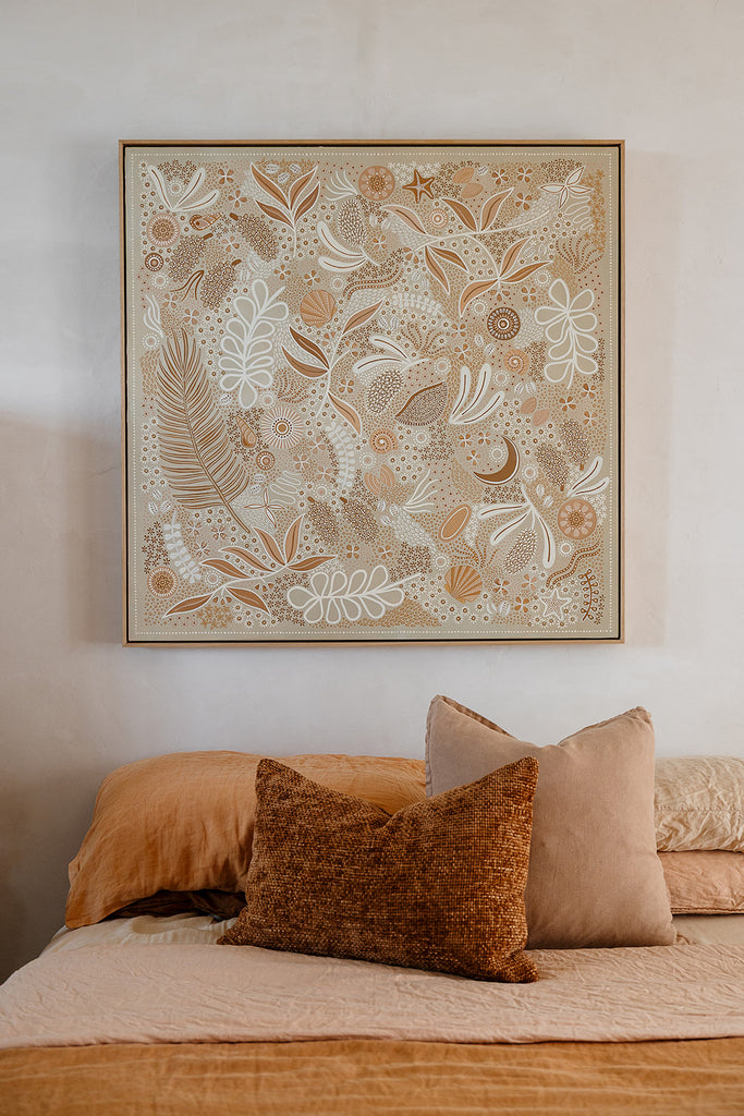 Aboriginal artwork by Wiradjuri artist Lauren Freestone, inspired by childhood memories along the coast — gathering banksia cones, shells, and treasures in gratitude to Mother Nature