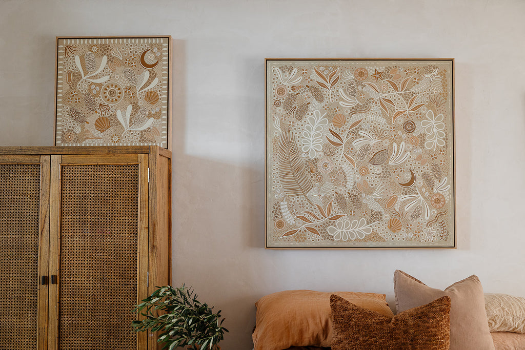 Aboriginal artwork by Wiradjuri artist Lauren Freestone, inspired by childhood memories along the coast — gathering banksia cones, shells, and treasures in gratitude to Mother Nature