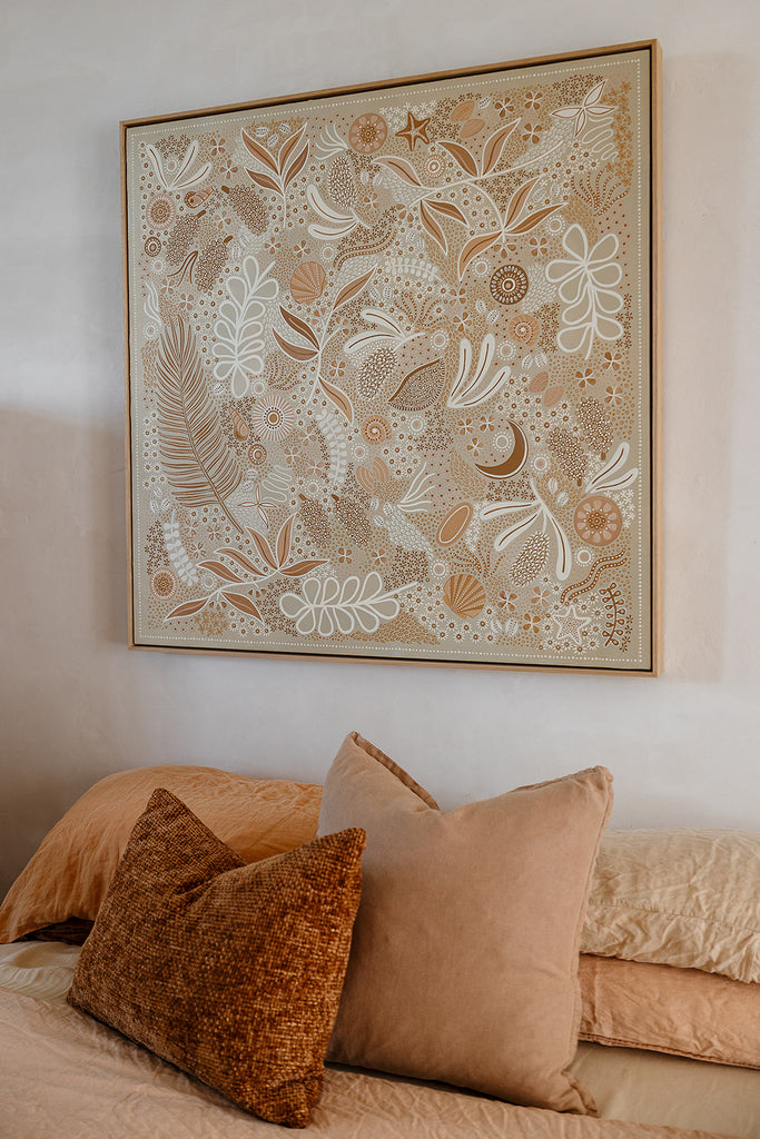 Aboriginal artwork by Wiradjuri artist Lauren Freestone, inspired by childhood memories along the coast — gathering banksia cones, shells, and treasures in gratitude to Mother Nature