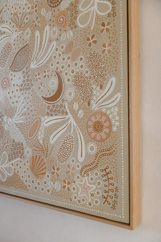 Aboriginal artwork by Wiradjuri artist Lauren Freestone, inspired by childhood memories along the coast — gathering banksia cones, shells, and treasures in gratitude to Mother Nature