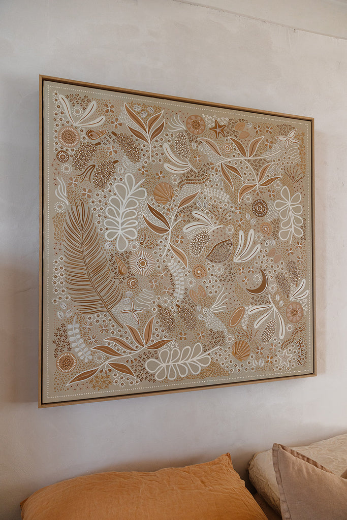Aboriginal artwork by Wiradjuri artist Lauren Freestone, inspired by childhood memories along the coast — gathering banksia cones, shells, and treasures in gratitude to Mother Nature