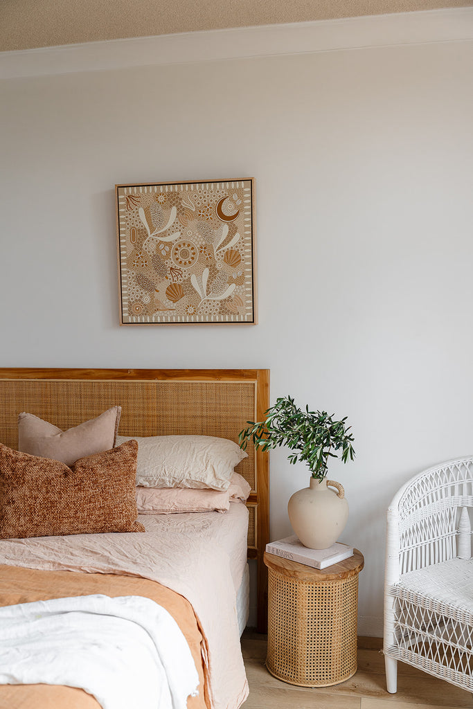 Aboriginal artwork by Wiradjuri artist Lauren Freestone, inspired by childhood memories along the coast — gathering banksia cones, shells, and treasures in gratitude to Mother Nature