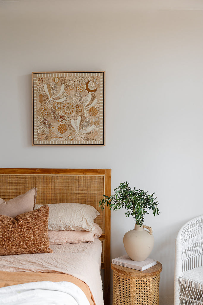Aboriginal artwork by Wiradjuri artist Lauren Freestone, inspired by childhood memories along the coast — gathering banksia cones, shells, and treasures in gratitude to Mother Nature