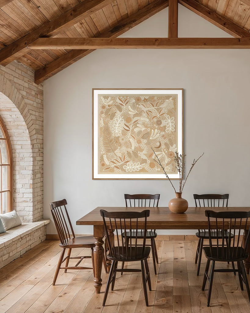 Aboriginal artwork by Wiradjuri artist Lauren Freestone, inspired by childhood memories along the coast — gathering banksia cones, shells, and treasures in gratitude to Mother Nature