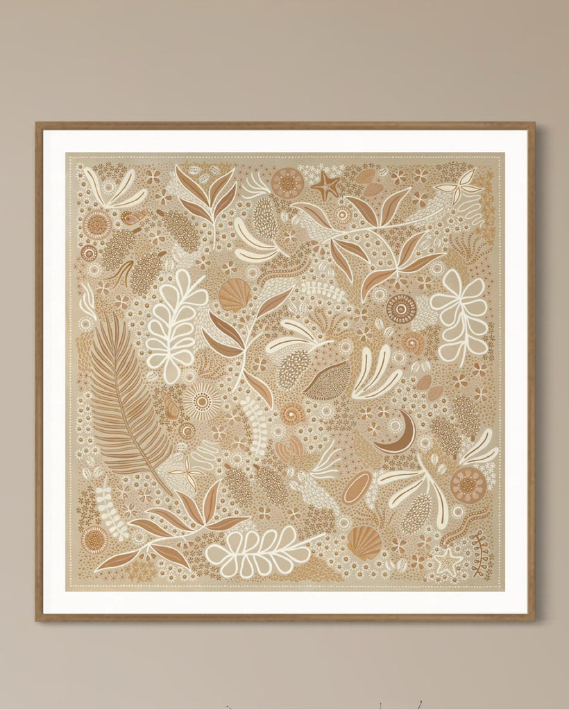 Aboriginal artwork by Wiradjuri artist Lauren Freestone, inspired by childhood memories along the coast — gathering banksia cones, shells, and treasures in gratitude to Mother Nature