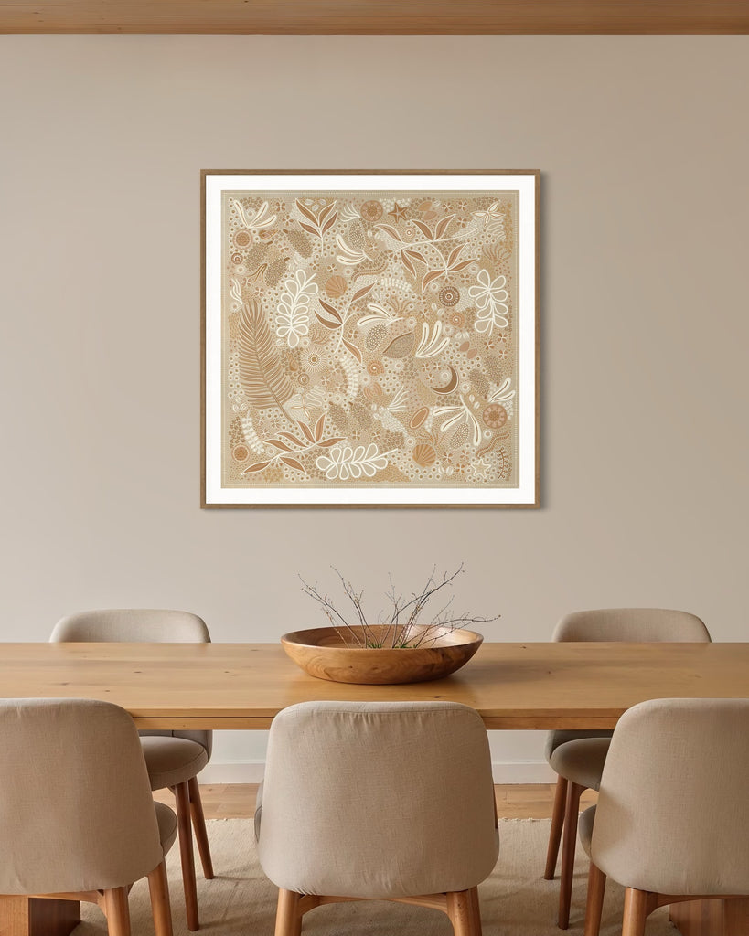 Aboriginal artwork by Wiradjuri artist Lauren Freestone, inspired by childhood memories along the coast — gathering banksia cones, shells, and treasures in gratitude to Mother Nature