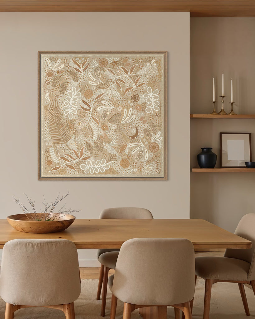 Aboriginal artwork by Wiradjuri artist Lauren Freestone, inspired by childhood memories along the coast — gathering banksia cones, shells, and treasures in gratitude to Mother Nature