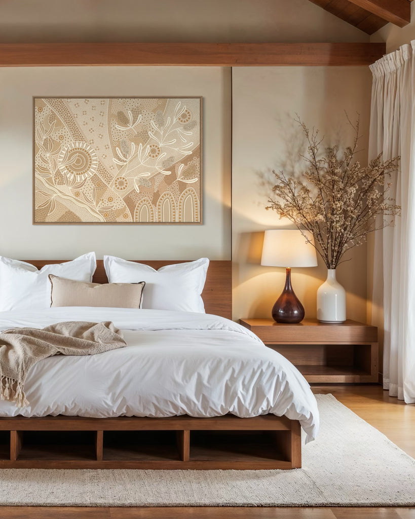 Eternal’ Aboriginal artwork by Wiradjuri artist Lauren Freestone, inspired by nature’s cycles — sun, moon, tides, rivers, and fire symbolising growth and renewal