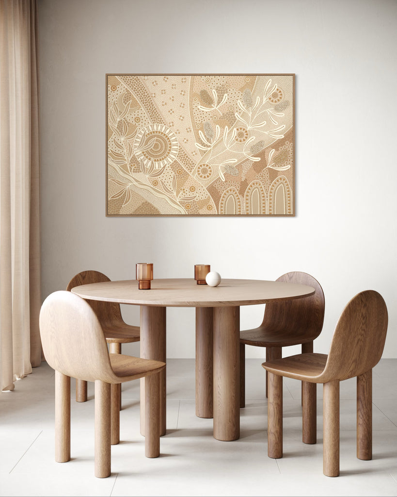 Eternal’ Aboriginal artwork by Wiradjuri artist Lauren Freestone, inspired by nature’s cycles — sun, moon, tides, rivers, and fire symbolising growth and renewal