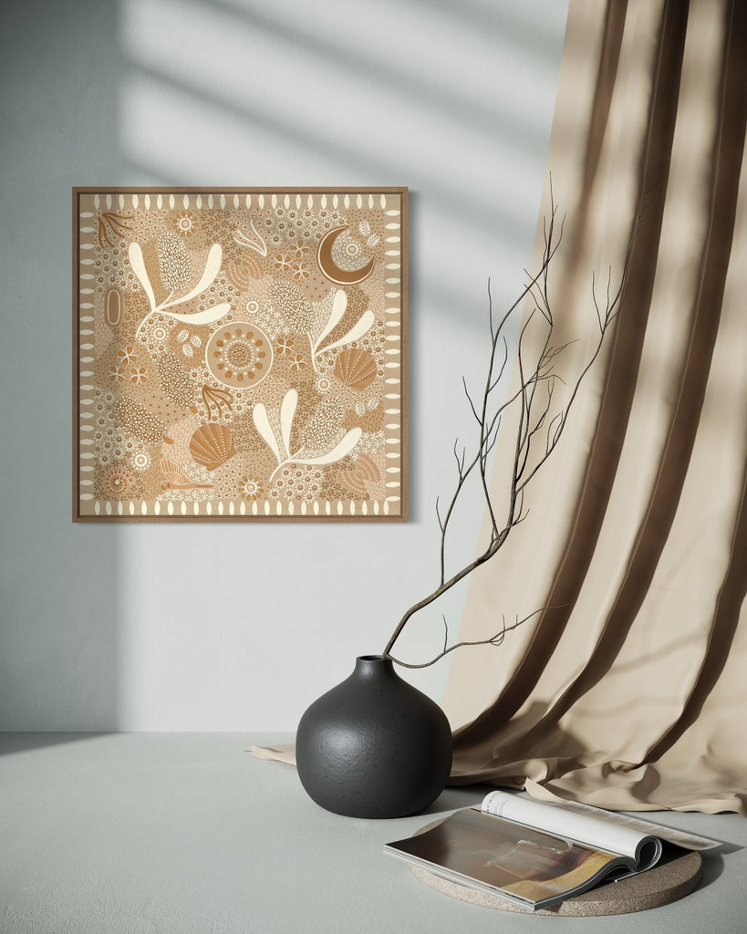 Aboriginal artwork by Wiradjuri artist Lauren Freestone, inspired by childhood memories along the coast — gathering banksia cones, shells, and treasures in gratitude to Mother Nature