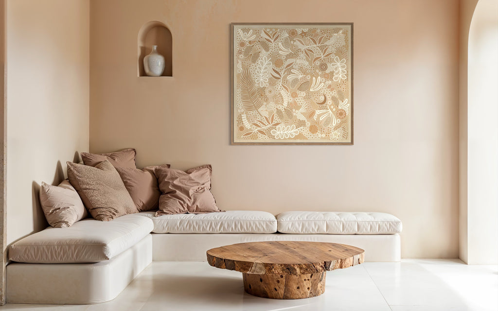 Aboriginal artwork by Wiradjuri artist Lauren Freestone, inspired by childhood memories along the coast — gathering banksia cones, shells, and treasures in gratitude to Mother Nature
