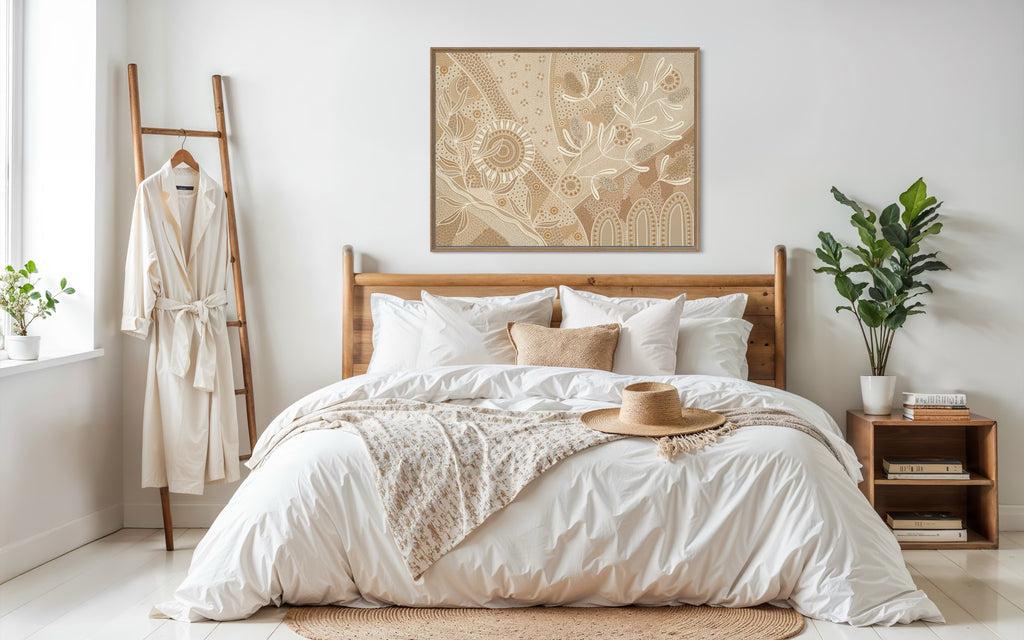 Eternal’ Aboriginal artwork by Wiradjuri artist Lauren Freestone, inspired by nature’s cycles — sun, moon, tides, rivers, and fire symbolising growth and renewal
