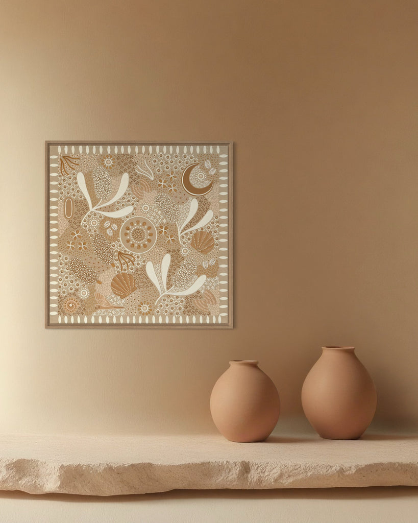 Aboriginal artwork by Wiradjuri artist Lauren Freestone, inspired by childhood memories along the coast — gathering banksia cones, shells, and treasures in gratitude to Mother Nature