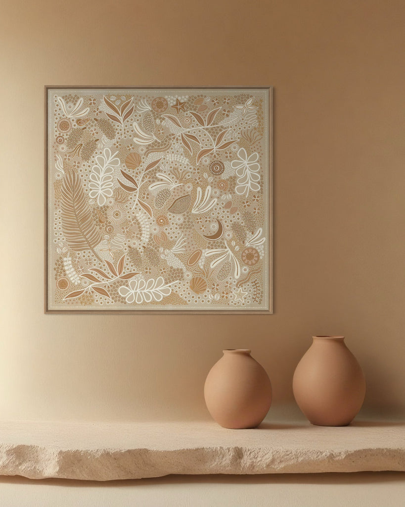 Aboriginal artwork by Wiradjuri artist Lauren Freestone, inspired by childhood memories along the coast — gathering banksia cones, shells, and treasures in gratitude to Mother Nature