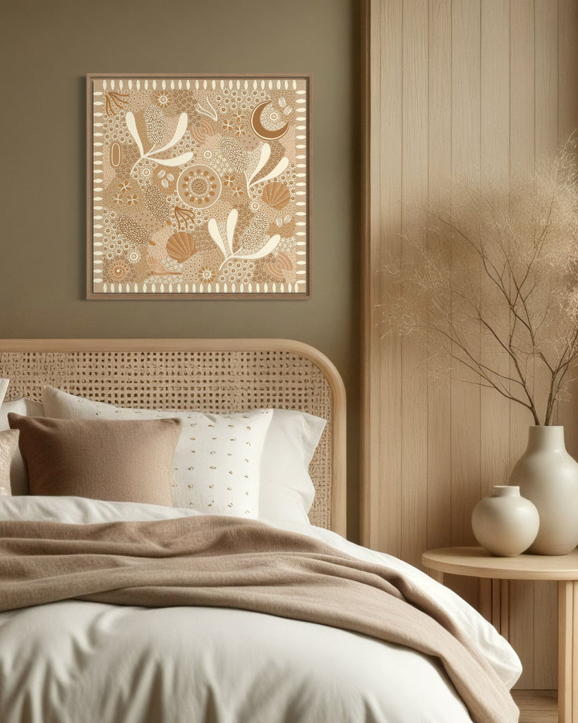 Aboriginal artwork by Wiradjuri artist Lauren Freestone, inspired by childhood memories along the coast — gathering banksia cones, shells, and treasures in gratitude to Mother Nature