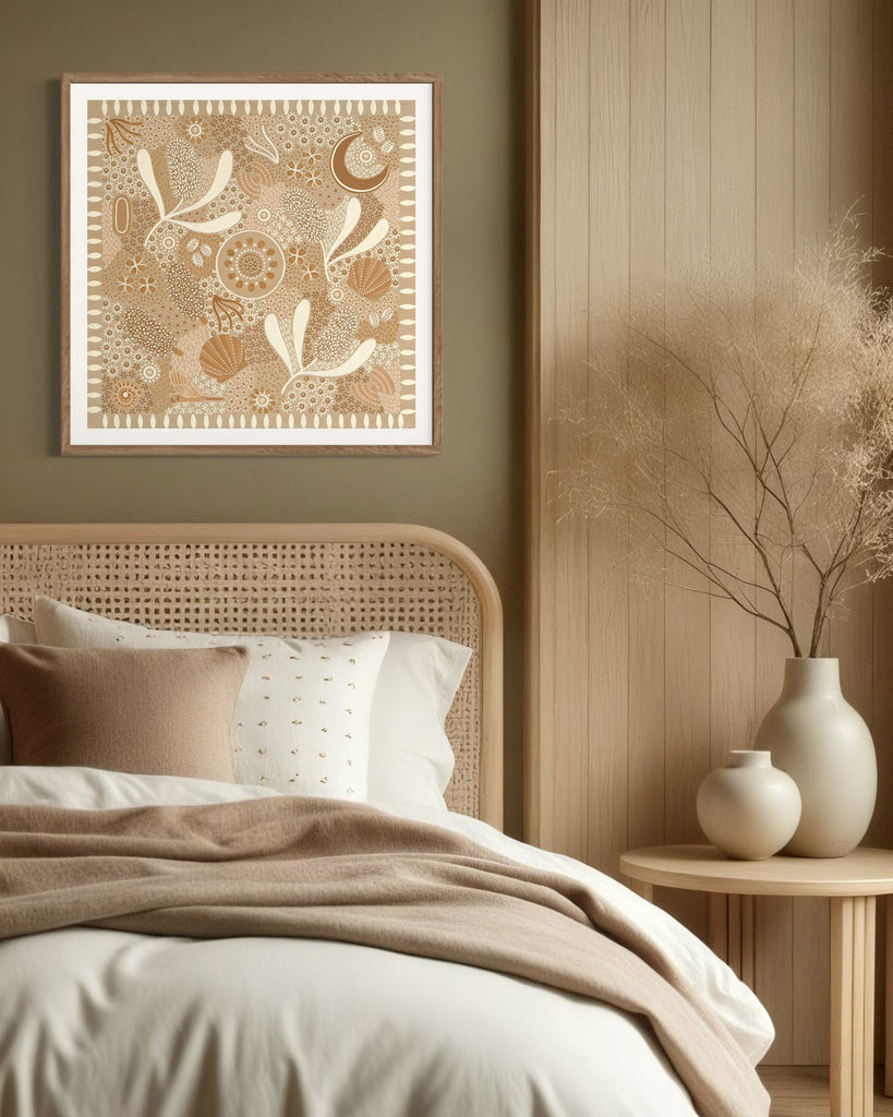 Aboriginal artwork by Wiradjuri artist Lauren Freestone, inspired by childhood memories along the coast — gathering banksia cones, shells, and treasures in gratitude to Mother Nature
