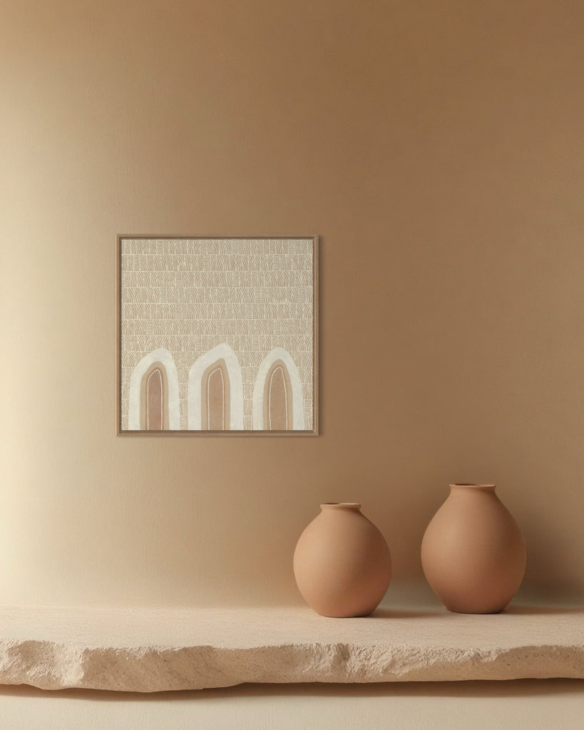 Aboriginal artwork by Wiradjuri artist Lauren Freestone, featuring mustard flame-like shapes symbolising generations, family, and ancestral spirit
