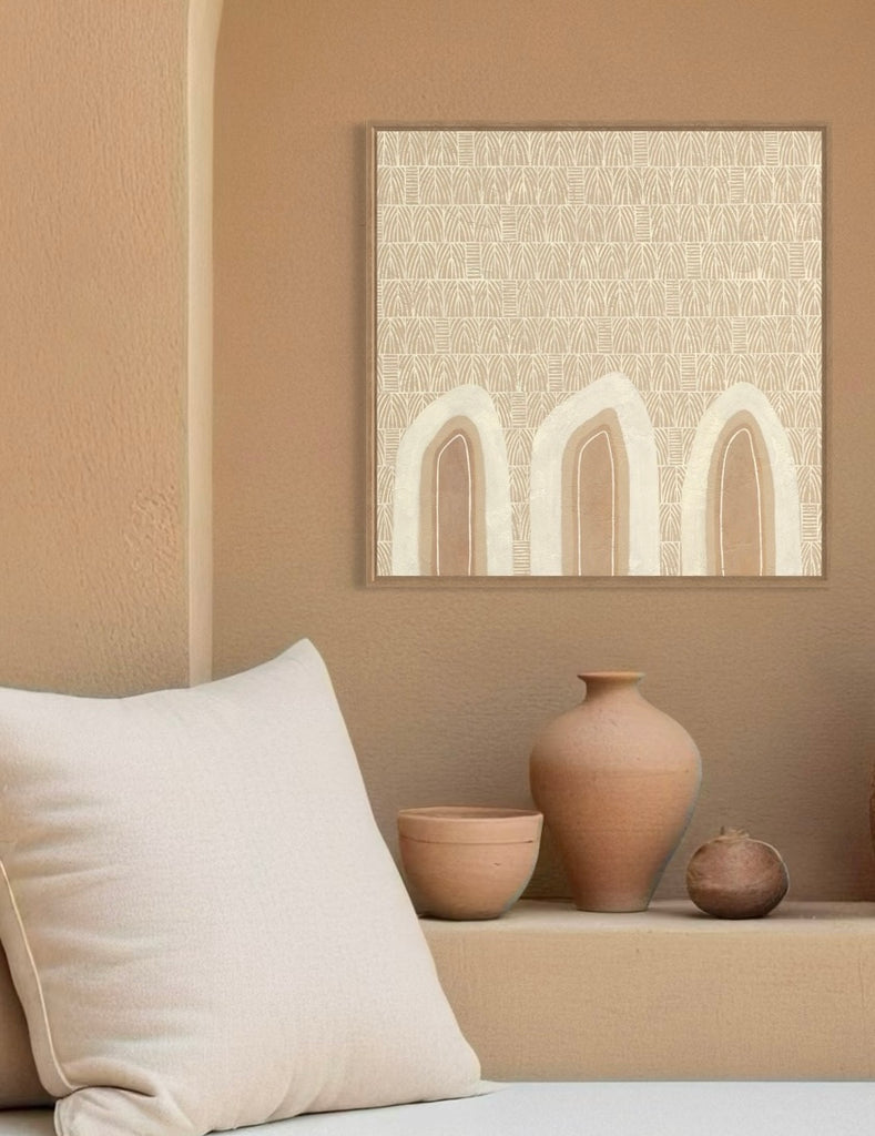 Aboriginal artwork by Wiradjuri artist Lauren Freestone, featuring mustard flame-like shapes symbolising generations, family, and ancestral spirit