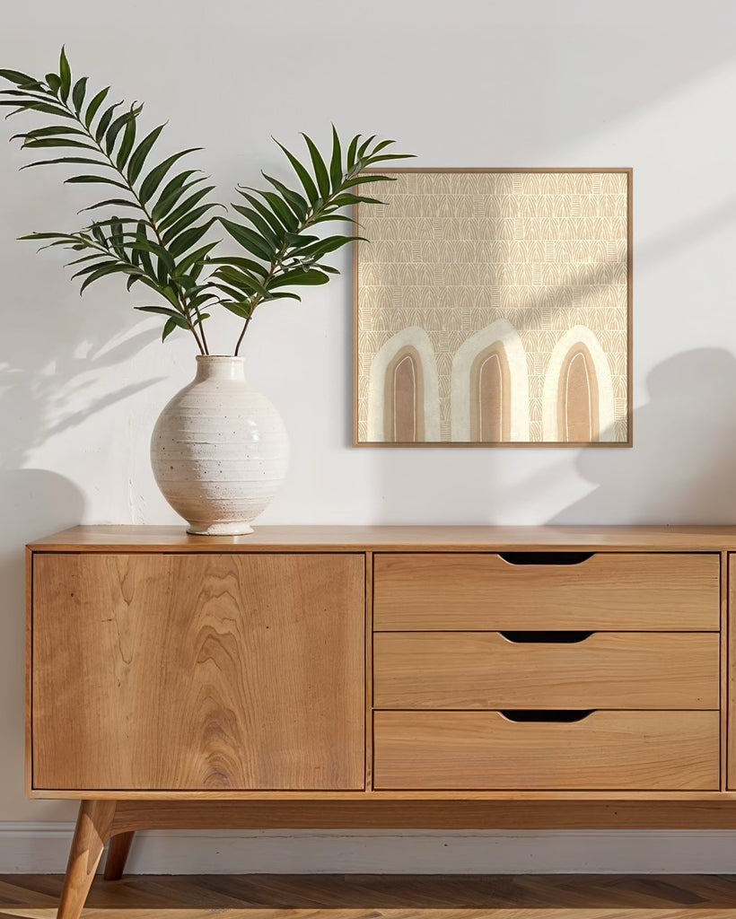 Aboriginal artwork by Wiradjuri artist Lauren Freestone, featuring mustard flame-like shapes symbolising generations, family, and ancestral spirit