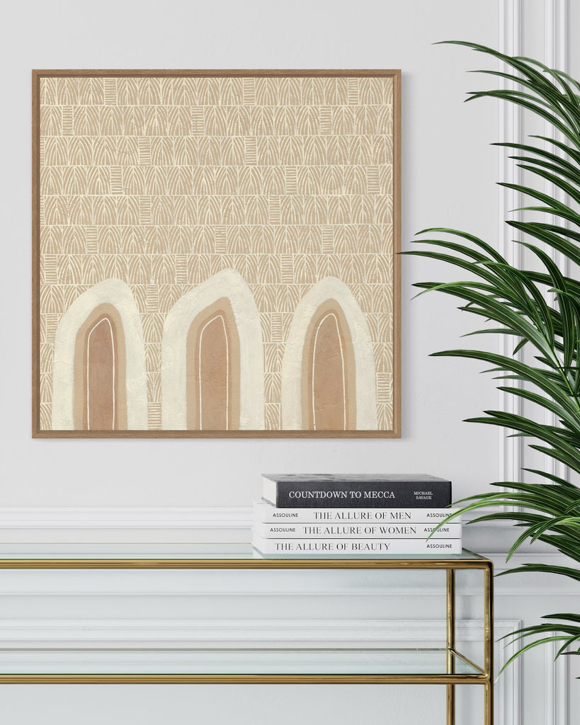 Aboriginal artwork by Wiradjuri artist Lauren Freestone, featuring mustard flame-like shapes symbolising generations, family, and ancestral spirit
