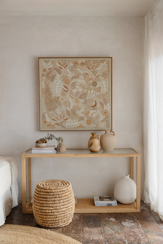 Aboriginal artwork by Wiradjuri artist Lauren Freestone, inspired by childhood memories along the coast — gathering banksia cones, shells, and treasures in gratitude to Mother Nature