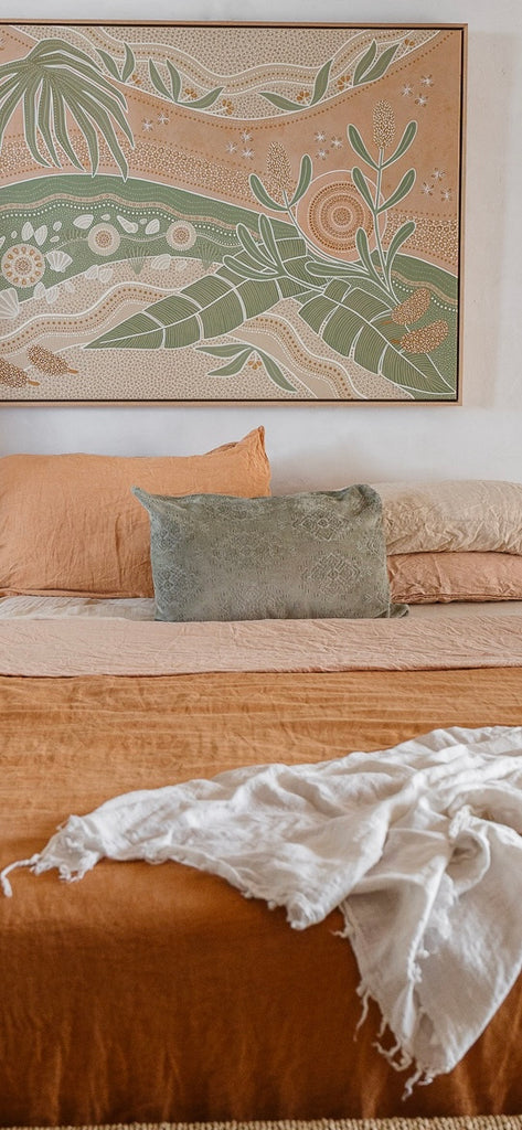 Coastal Aboriginal artwork by Wiradjuri artist Lauren Freestone featuring banksias, palms, shells & rivers.