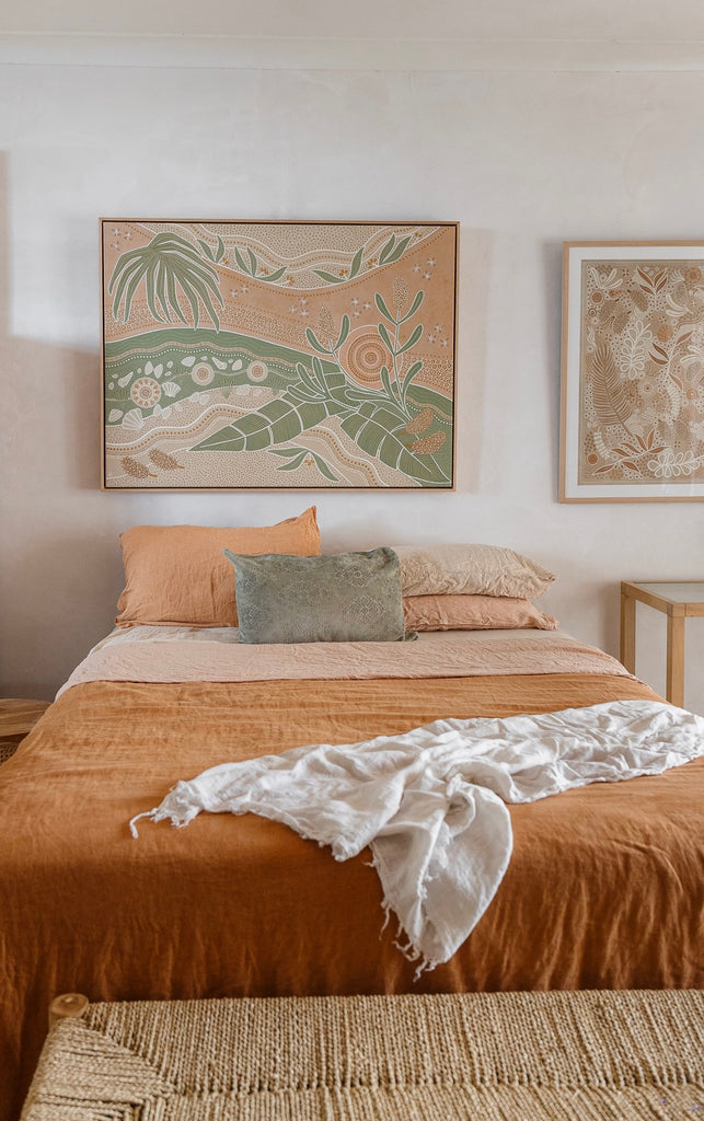 Coastal Aboriginal artwork by Wiradjuri artist Lauren Freestone featuring banksias, palms, shells & rivers.