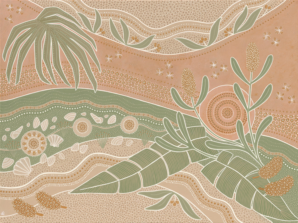 Coastal Aboriginal artwork by Wiradjuri artist Lauren Freestone featuring banksias, palms, shells & rivers.