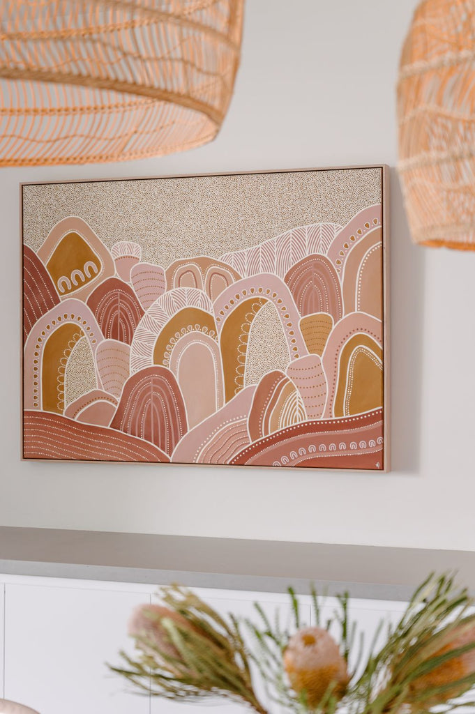 Aboriginal artwork from the Hills Collection by Wiradjuri artist Lauren Freestone, inspired by ancestral homelands with sandstone hills, connection, and history